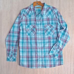 Wrangler Western Plaid Pearl Snap Buttons Cowgirl Lightweight Rodeo Shirt Teal